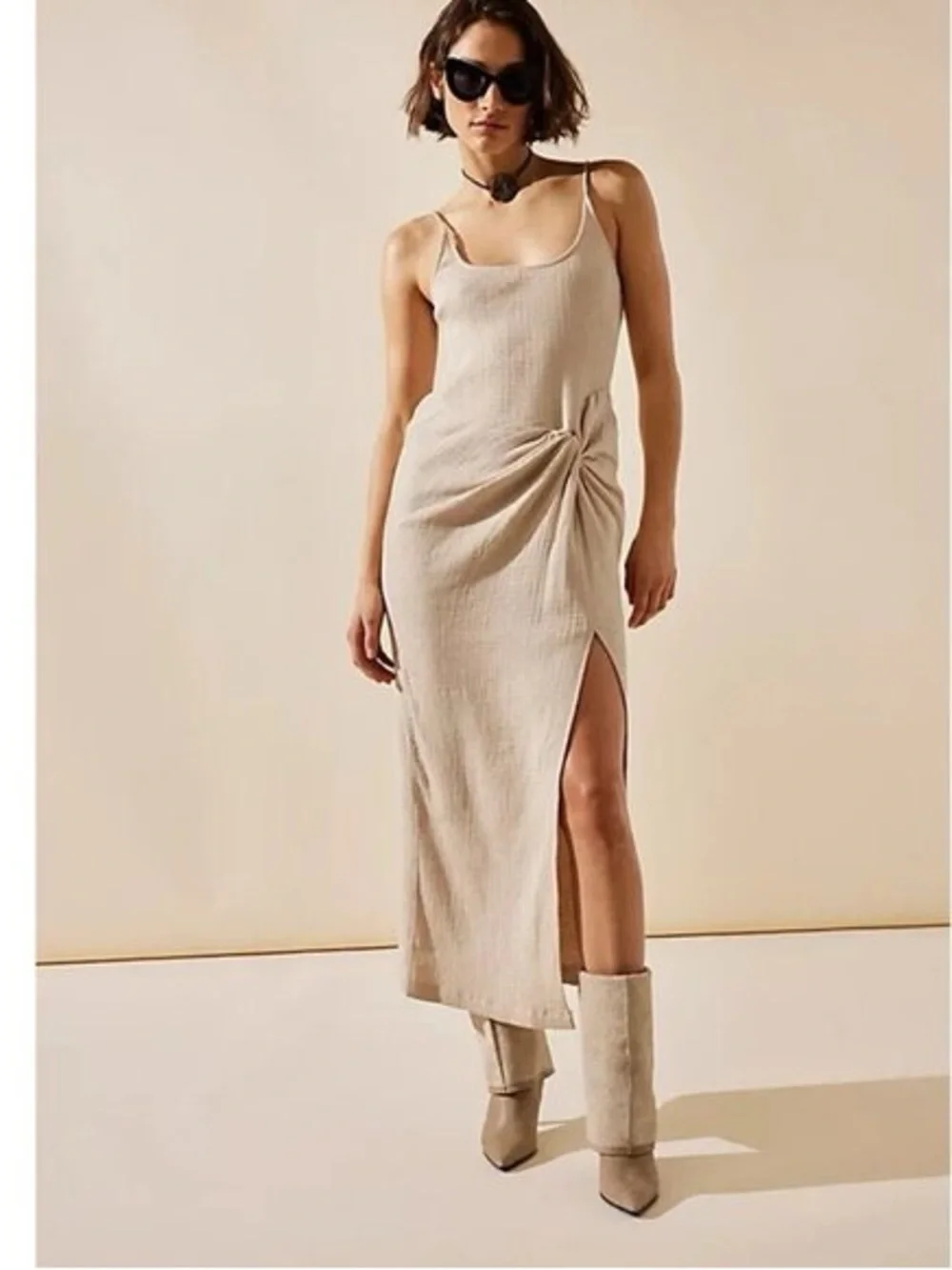 Free People Beige Knotted Maxi Slip Dress